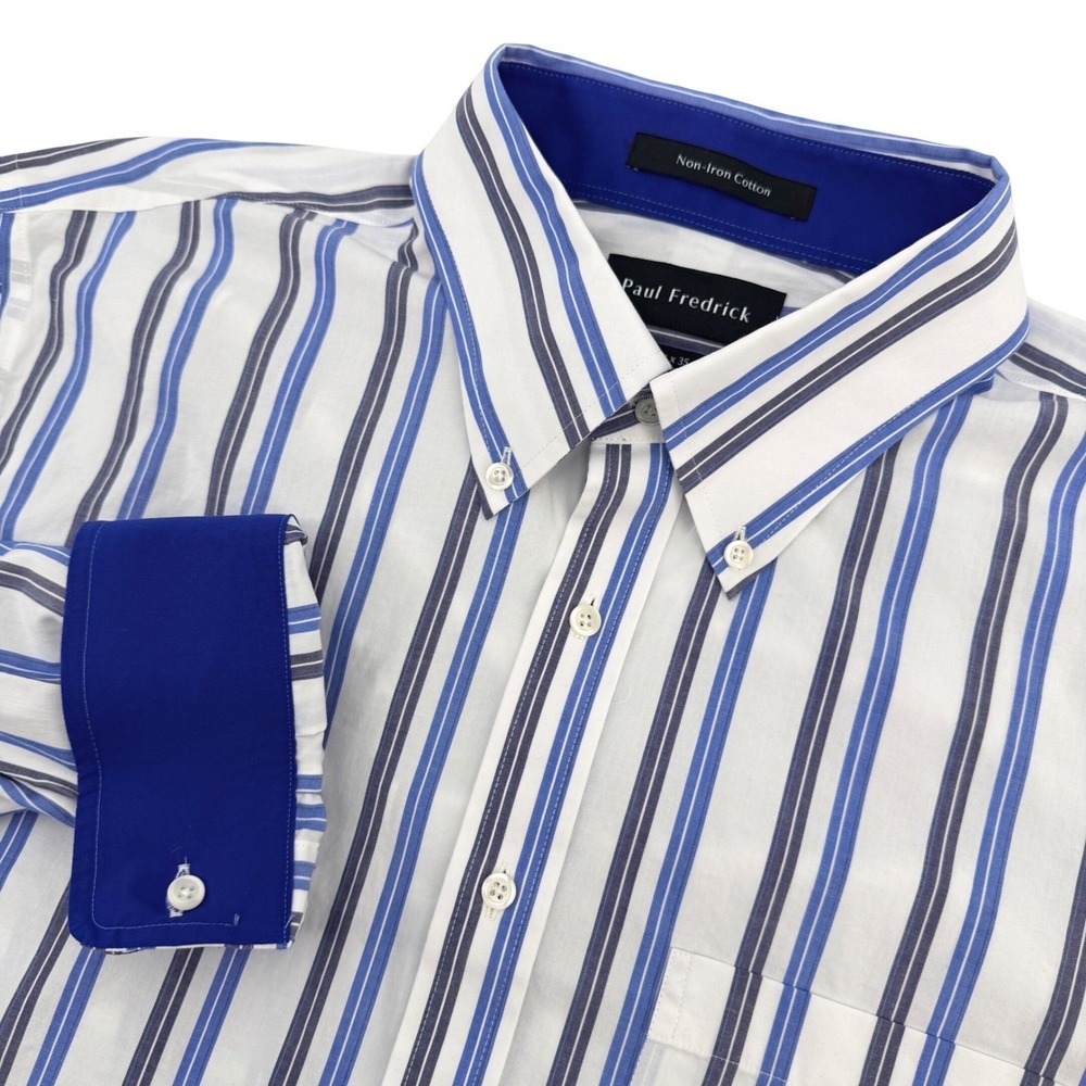 Paul Fredrick Dress Shirt Mens 17.5 35 Blue Striped Slim Fit Non-Iron Cotton SEO